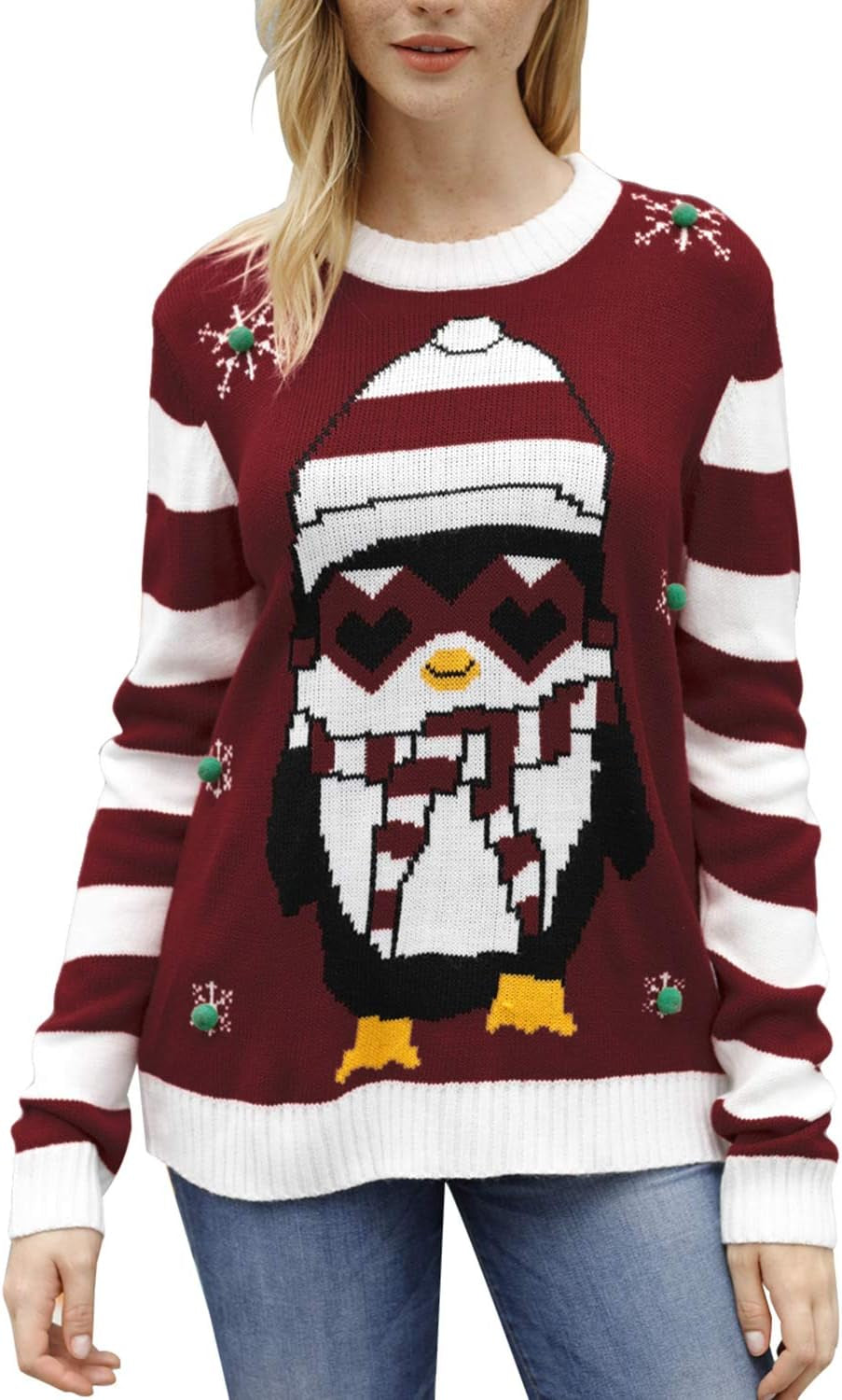 Women'S Cute Funny Ugly Christmas Sweater Snowflake Reindeer Holiday Knit Sweater Pullover