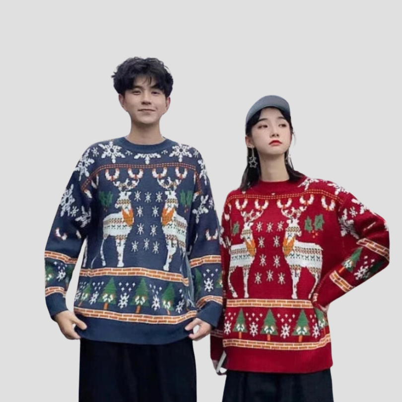 Korean Style Christmas Elk Sweater – Casual Crew Neck Long Sleeve Pullover