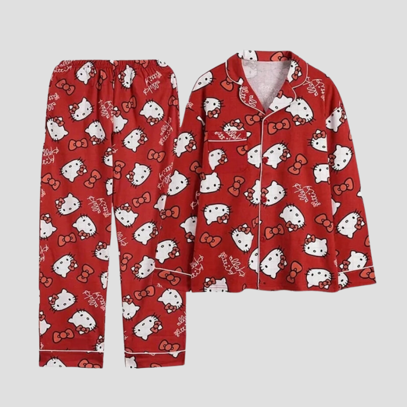 Hello Kitty Sanrio Red Pajamas Suits Y2k Kawaii Anime Button Shirts Long Pants Two Piece Sets Cute Casual Pajamas Suit For Women