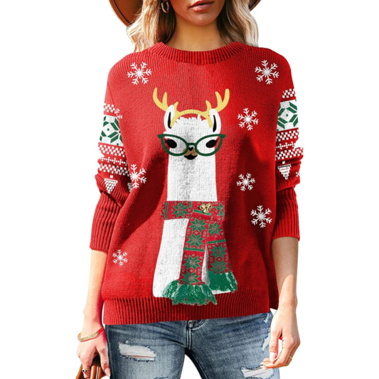 A cozy women's ugly Christmas sweater with snowflake and reindeer patterns, featuring 3D decorations of scarves and Christmas hats, perfect for holiday parties and winter warmth.