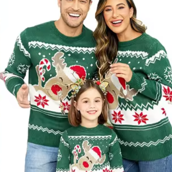 Family Matching Christmas Sweaters |Festive Elk Print Round Neck Pullover