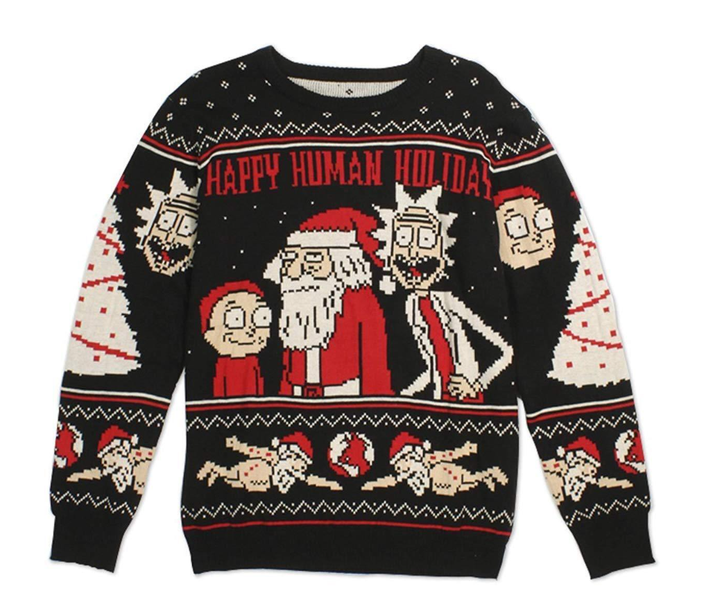 Rick and Morty "Happy Human Holiday" Ugly Christmas Sweater in vibrant colors, featuring a playful design inspired by the iconic cartoon series, perfect for a fun and festive holiday look.