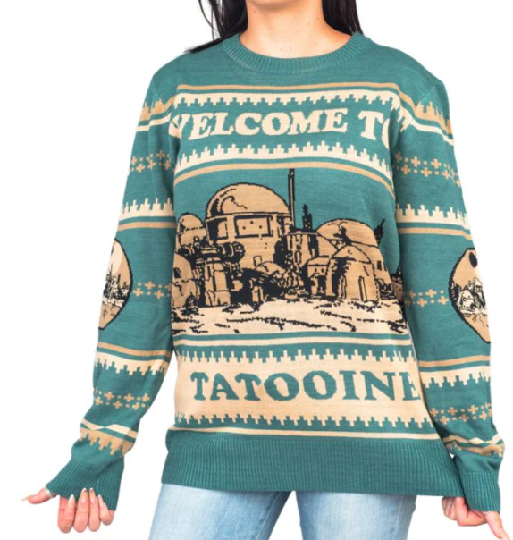 Star Wars "Welcome to Tatooine" Ugly Christmas Sweater with a festive design, featuring the iconic desert planet, perfect for fans seeking a cozy and geeky holiday look.