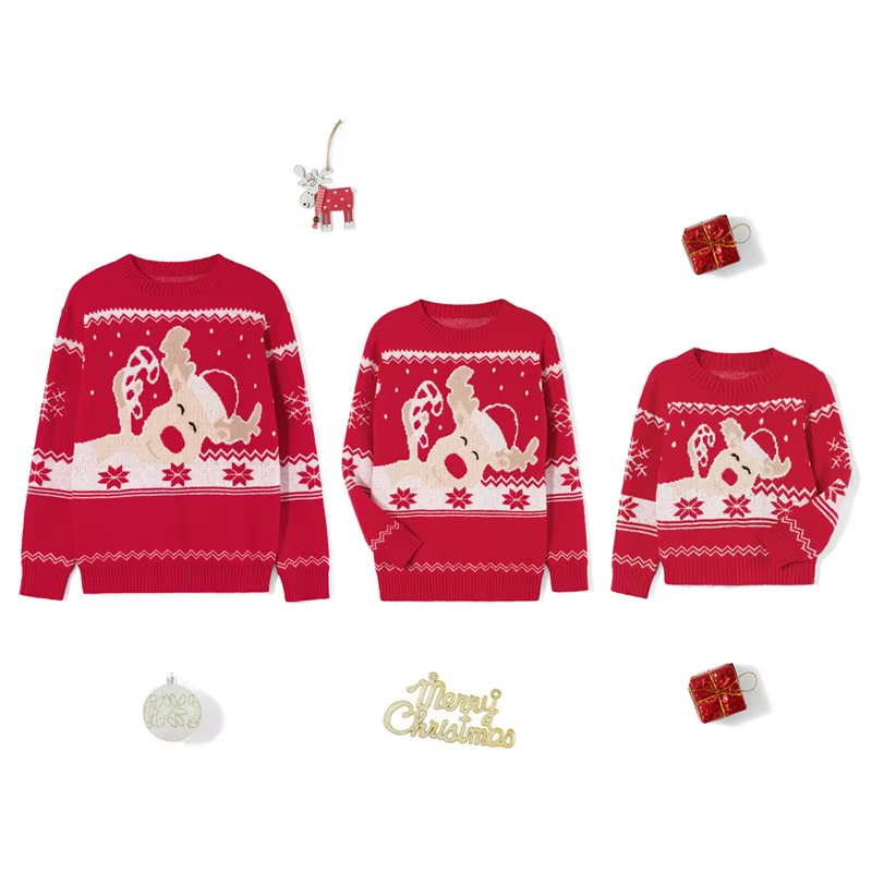 Family Matching Christmas Sweaters |Festive Elk Print Round Neck Pullover