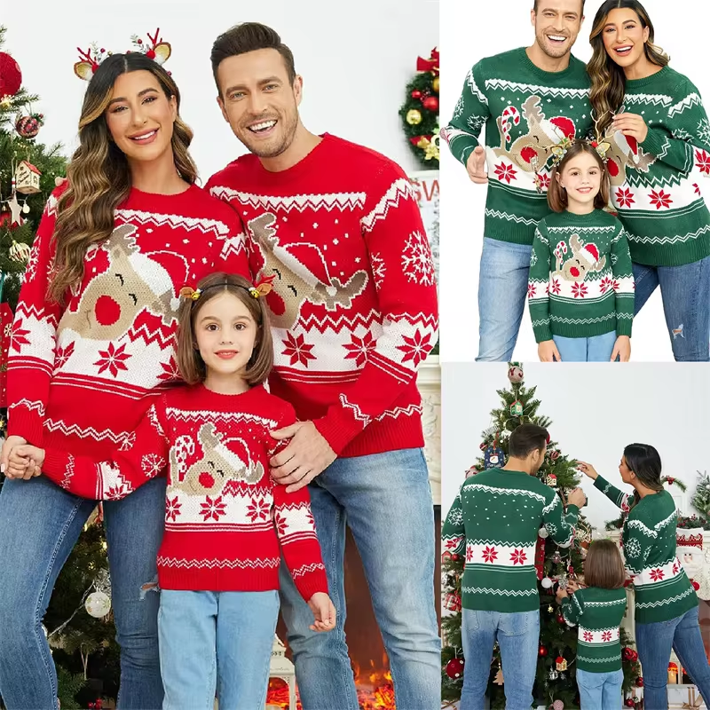 Family Matching Christmas Sweaters |Festive Elk Print Round Neck Pullover