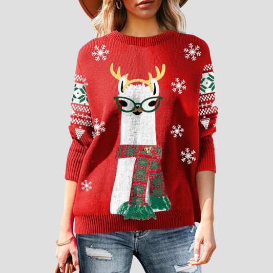 Women's Funny Ugly Christmas Sweater | Snowflake & Reindeer Holiday Knit Pullover