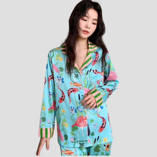 Spring Autumn New Ice Silk Soft Women's Pajamas Set Buttons Cardigan Womens 2 Piece Outfit Set Senior Printing Pajamas for Girls