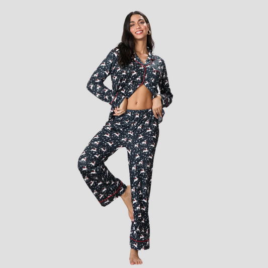 Women 2 Piece Pajamas Set Christmas Elk Print Long Sleeve Button Shirt and Elastic Waist Pants for Loungewear Soft Sleepwear