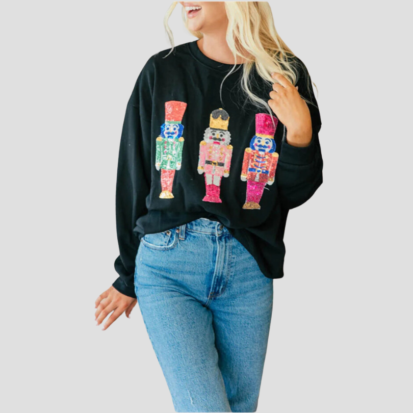 Women's Ugly Christmas Sequin Nutcracker Sweatshirt Cute Holiday Graphic Tee Crewneck Long Sleeve Pullover Sweater Top