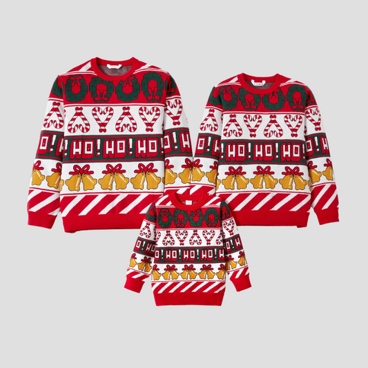 Matching Christmas Sweater Family Tops with Bells & Candy Canes Design