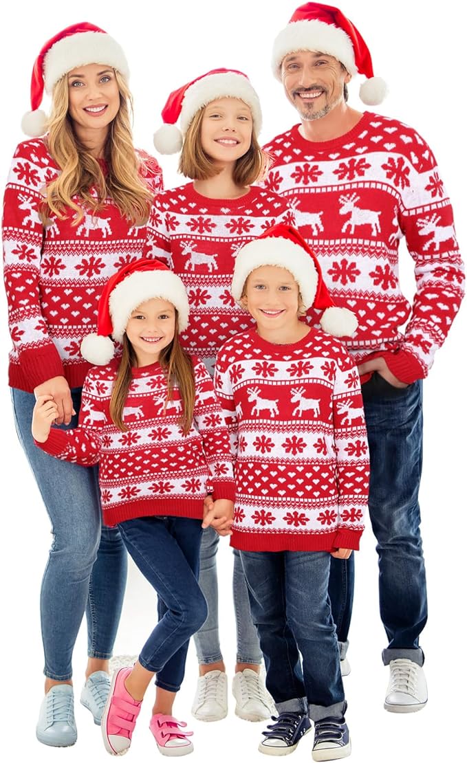 Matching Family Christmas Sweaters | Festive Knit Pullover with Santa Hats