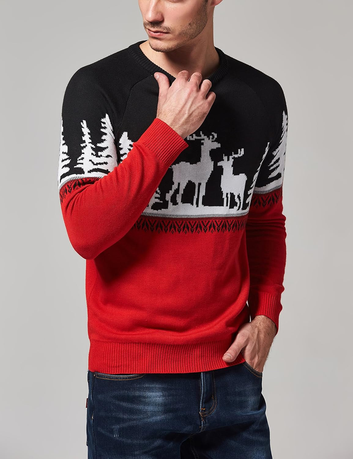 -Ugly-Christmas-Sweater-For-Mens-Funny Sweater Holiday Reindeer Knitted Pullover Crew Neck