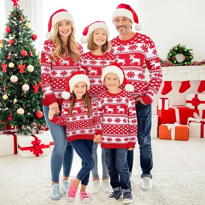 Matching Family Christmas Sweaters | Festive Knit Pullover with Santa Hats