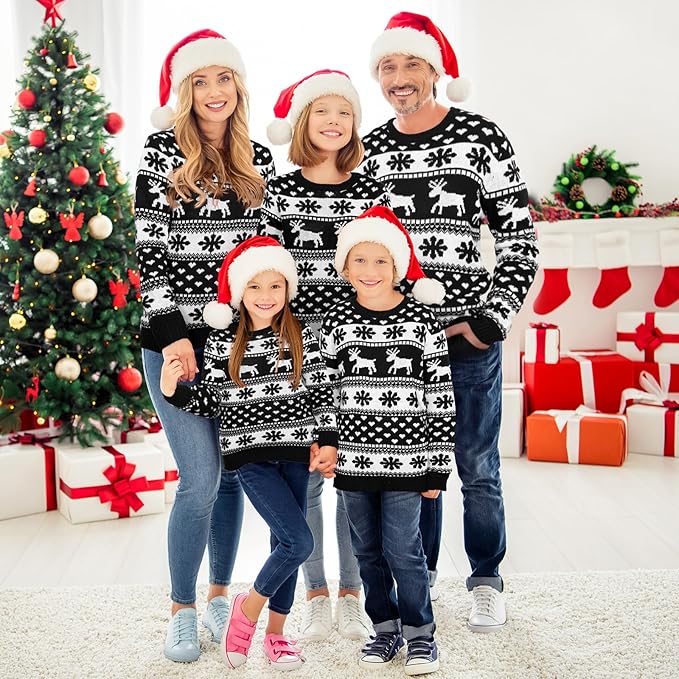 Matching Family Christmas Sweaters | Festive Knit Pullover with Santa Hats