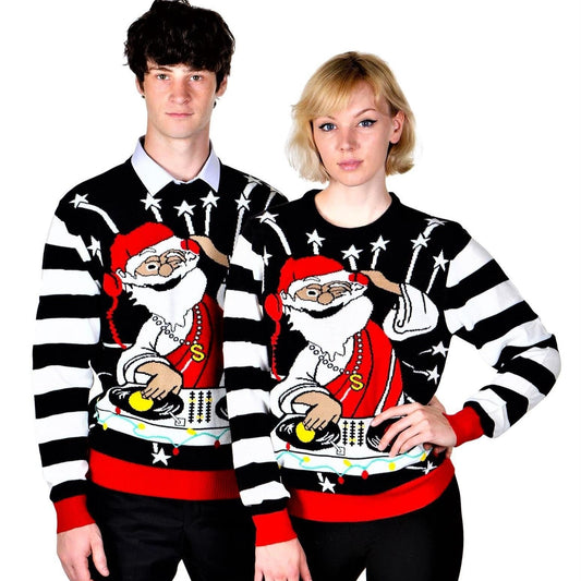 A couple's ugly Christmas sweater featuring festive holiday patterns in a fine acrylic jacquard knit, designed with long sleeves, ribbed cuffs, and a cozy fit for holiday celebrations.