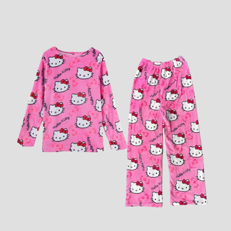 2PCS Sanrioed Hello Kittys Kawaii Loungewear Set Loose Flannel Ladies Pajama Pants Girl Autumn Women Casual Cute Home Clothing