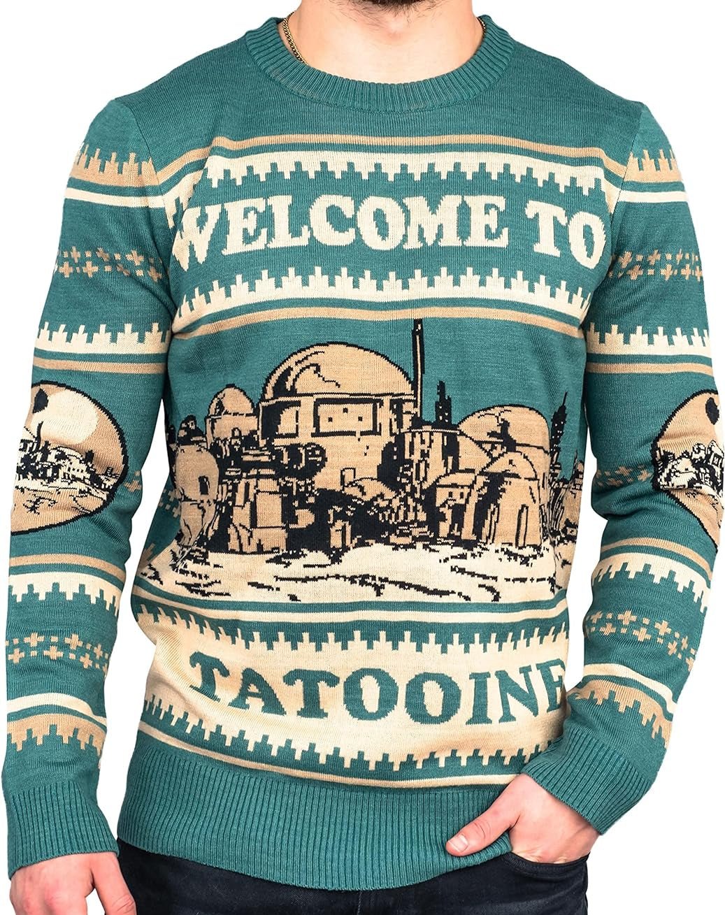 Star Wars "Welcome to Tatooine" Ugly Christmas Sweater with a festive design, featuring the iconic desert planet, perfect for fans seeking a cozy and geeky holiday look.