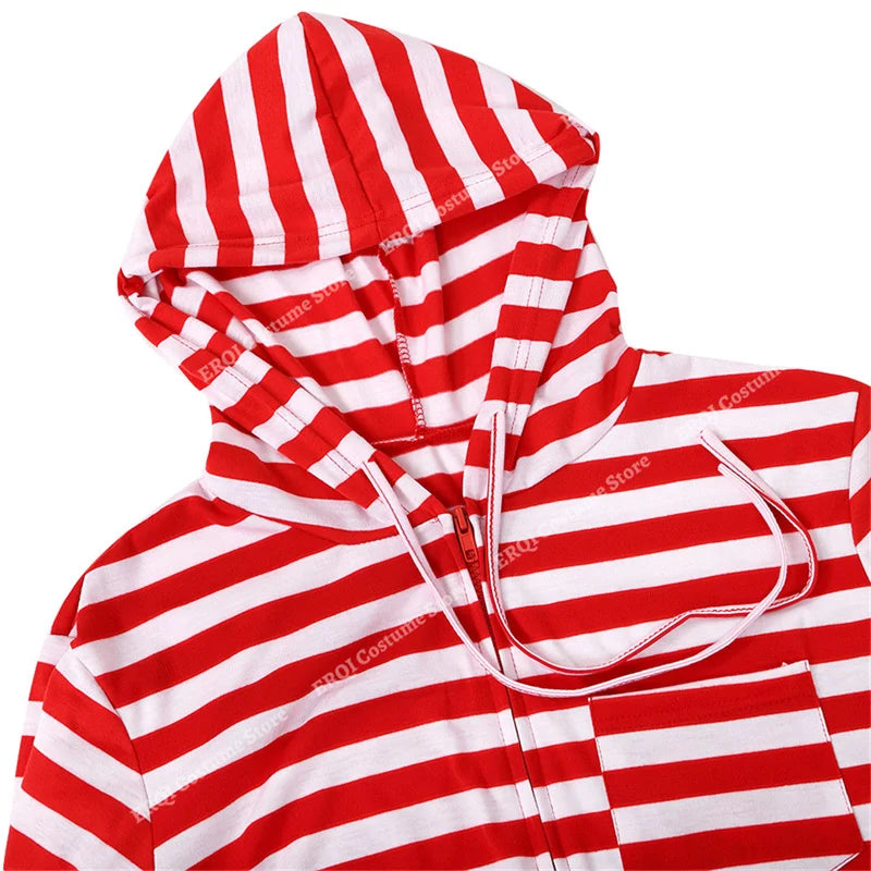 Couple Pajamas Onesies Adult Hooded Jumpsuit for Women Zipper Stripes Pajamas Family Christmas Costumes S-XXLPlus Size Red White