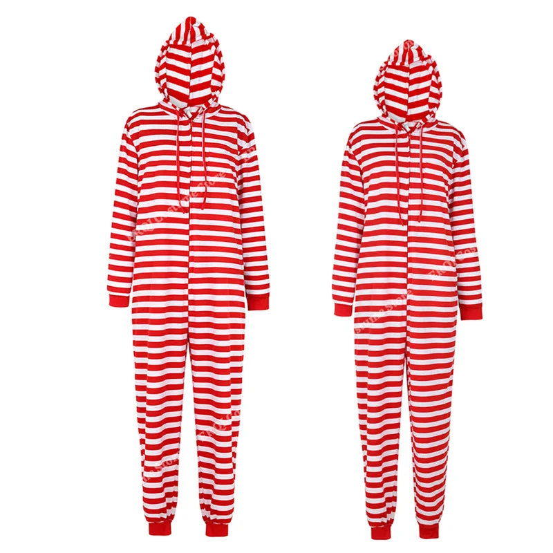 Couple Pajamas Onesies Adult Hooded Jumpsuit for Women Zipper Stripes Pajamas Family Christmas Costumes S-XXLPlus Size Red White