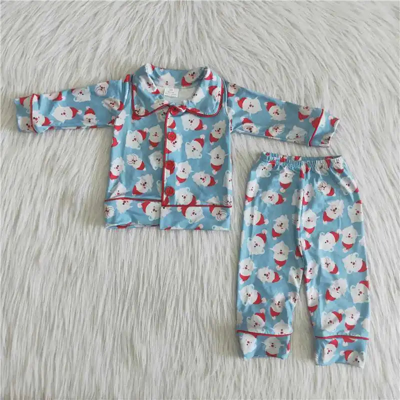 Wholesale Nightclothes Baby Boy Christmas Pajamas Clothes Santa Shirt Green Plaid Pants Set Infant Kids Boutique Children Outfit