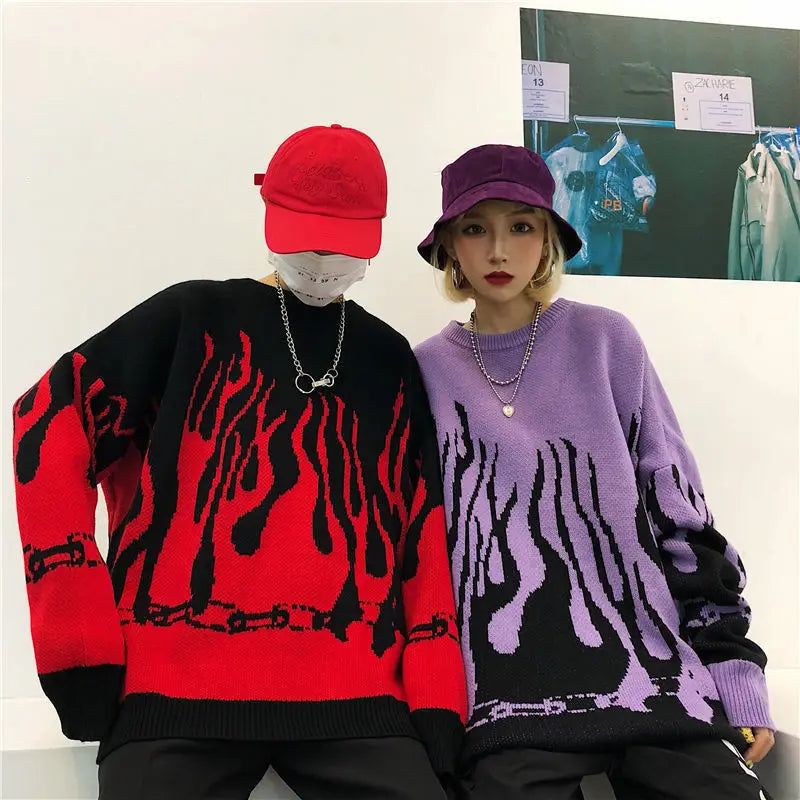 Purple Vintage Hip Hop Flame Oversized Sweaters Women Harajuku Teens Girls Loose Casual Long Sleeve Warm Winter Tops Large 2XL