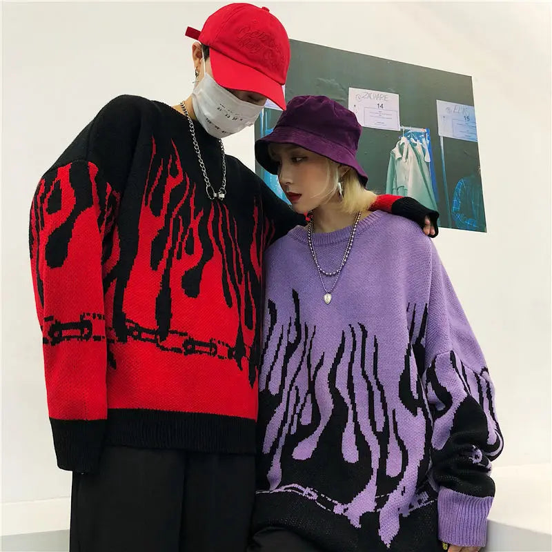 Purple Vintage Hip Hop Flame Oversized Sweaters Women Harajuku Teens Girls Loose Casual Long Sleeve Warm Winter Tops Large 2XL