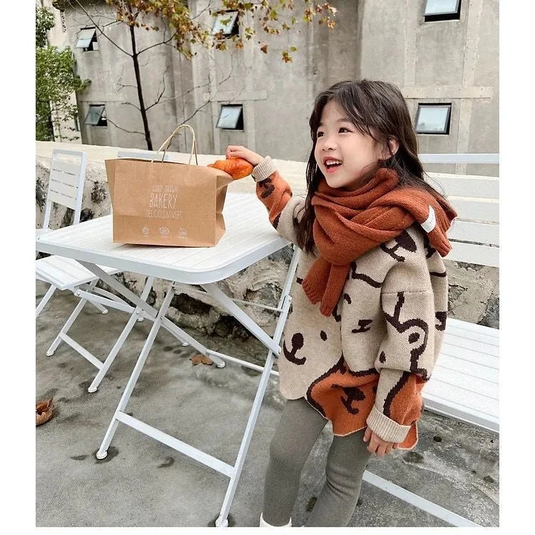 Autumn Kids Knitted Print Panda Sweater For Girls Irregular O Neck Christmas Sweater Toddler Baby Pullover Sweaters Coat 6 8 12