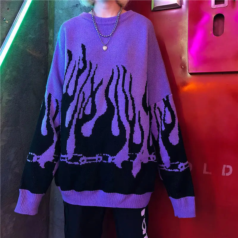 Purple Vintage Hip Hop Flame Oversized Sweaters Women Harajuku Teens Girls Loose Casual Long Sleeve Warm Winter Tops Large 2XL