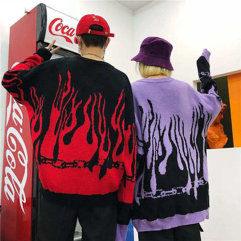 Purple Vintage Hip Hop Flame Oversized Sweaters Women Harajuku Teens Girls Loose Casual Long Sleeve Warm Winter Tops Large 2XL