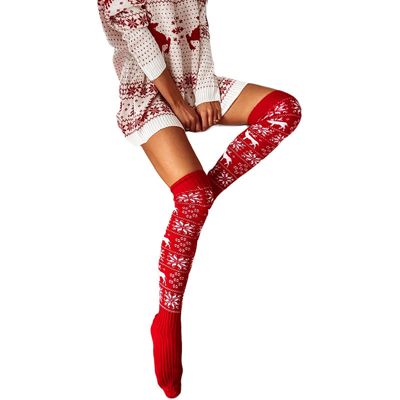 Christmas Women's Socks Thigh High Socks Snowflake Print Knit Over The Knee Stockings Female Warm Socks Hosiery Autumn Winter