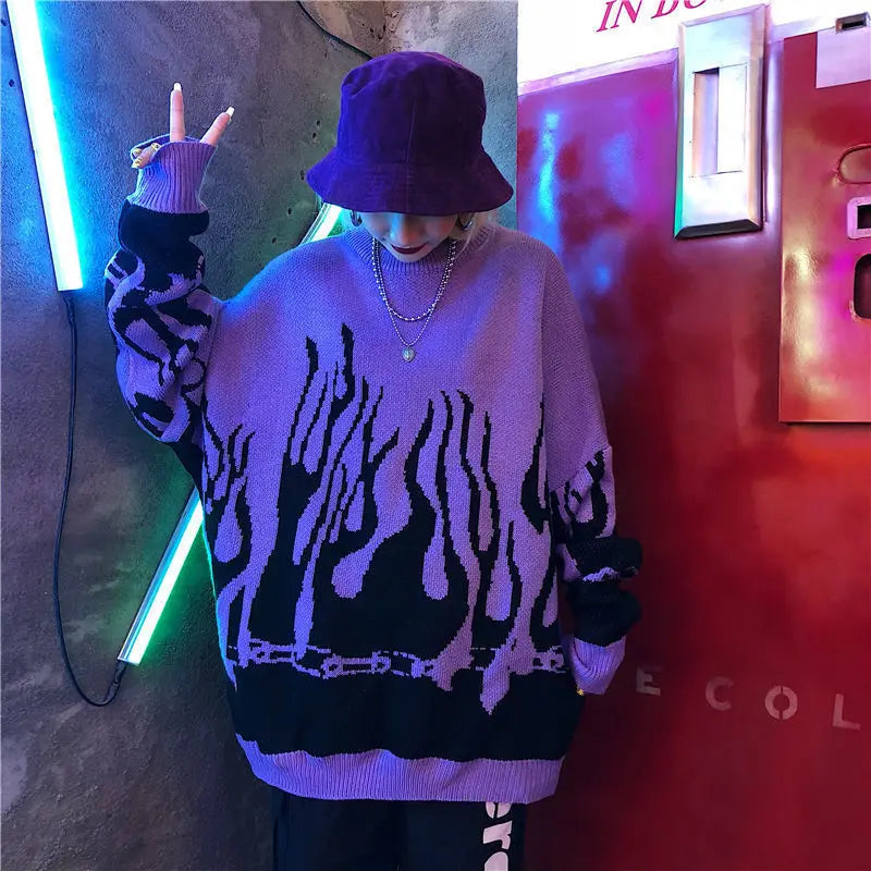 Purple Vintage Hip Hop Flame Oversized Sweaters Women Harajuku Teens Girls Loose Casual Long Sleeve Warm Winter Tops Large 2XL