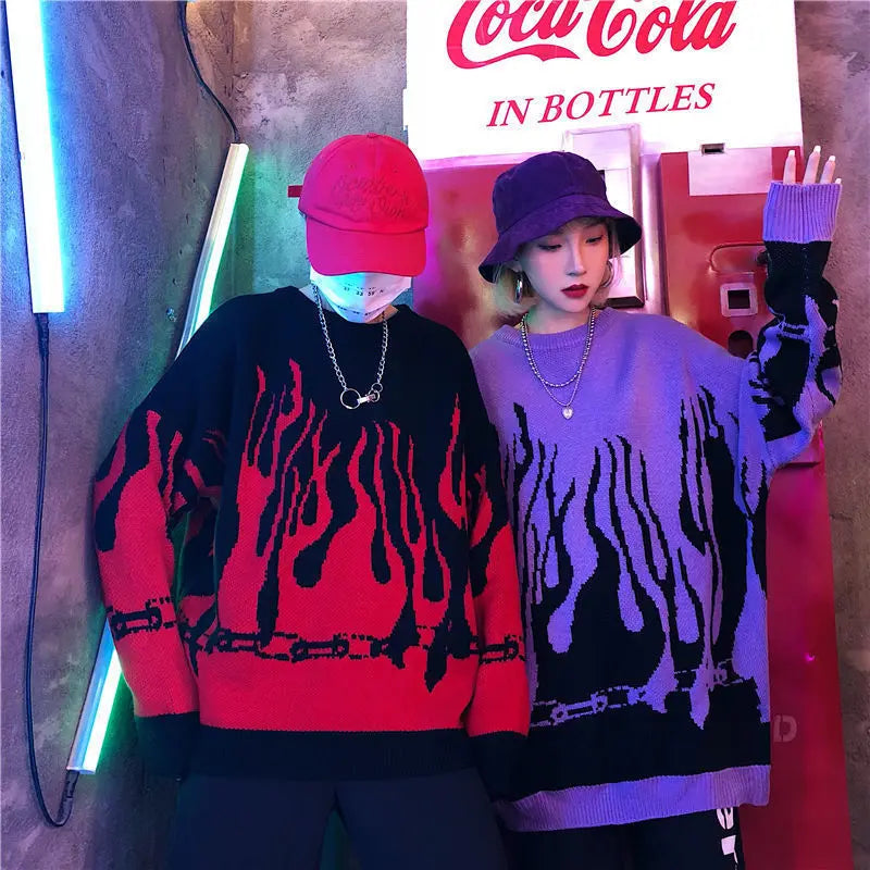 Purple Vintage Hip Hop Flame Oversized Sweaters Women Harajuku Teens Girls Loose Casual Long Sleeve Warm Winter Tops Large 2XL