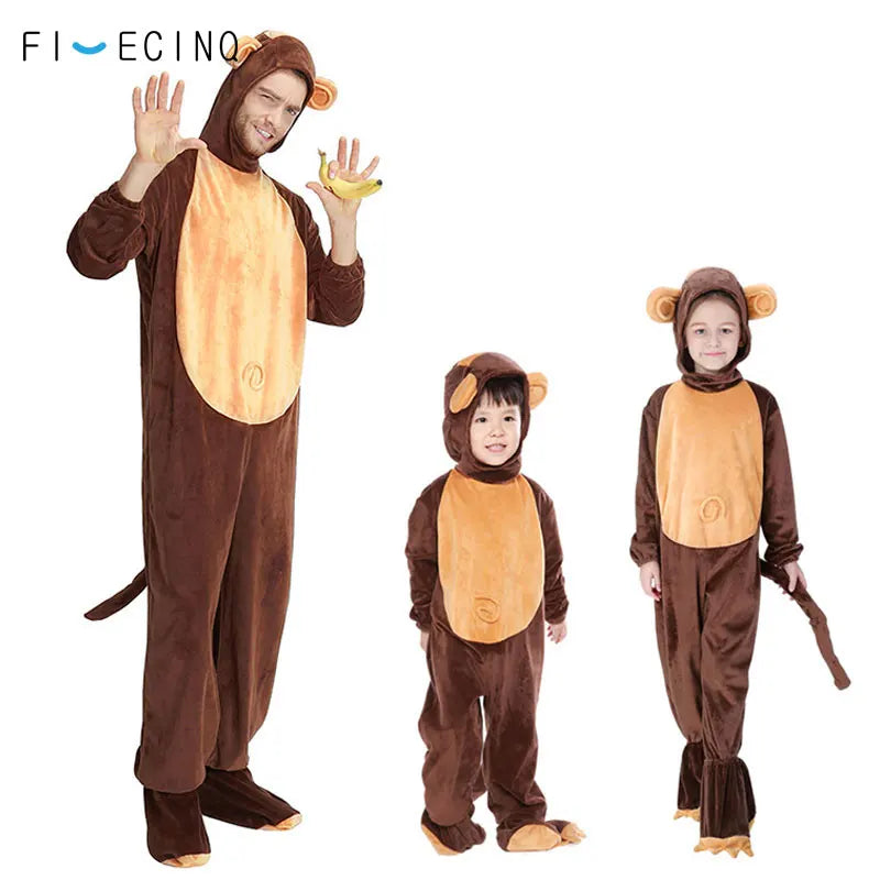 Halloween Family Matching Pajama Suit Animal Brown Monkey Cosplay Costume Funny Carnival Jumpsuit Kigurumis Adult Kid Men Women