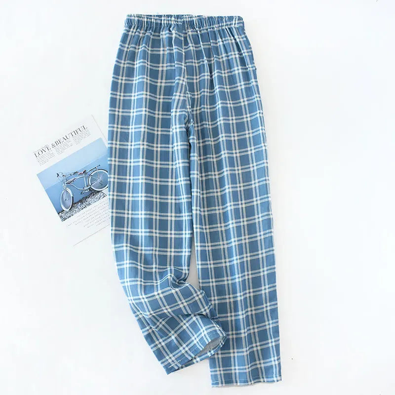 Men's Cotton Gauze Trousers Plaid Knitted Sleep Pants Woman Pajamas Pants Bottoms Sleepwear Short for Couples Pijama Hombre