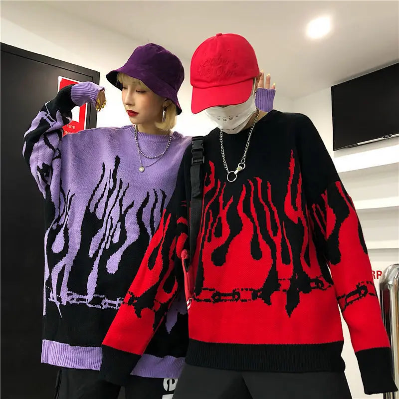 Purple Vintage Hip Hop Flame Oversized Sweaters Women Harajuku Teens Girls Loose Casual Long Sleeve Warm Winter Tops Large 2XL