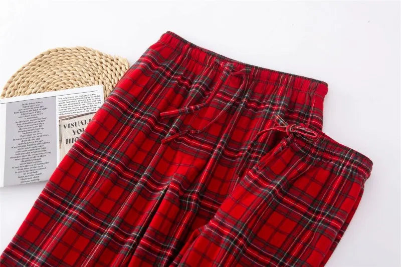 Couples 100%Cotton Sleep Bottoms  Red Nightwear Trousers Casual Plaid Home Pants Couples Top Quality Pajama Pants