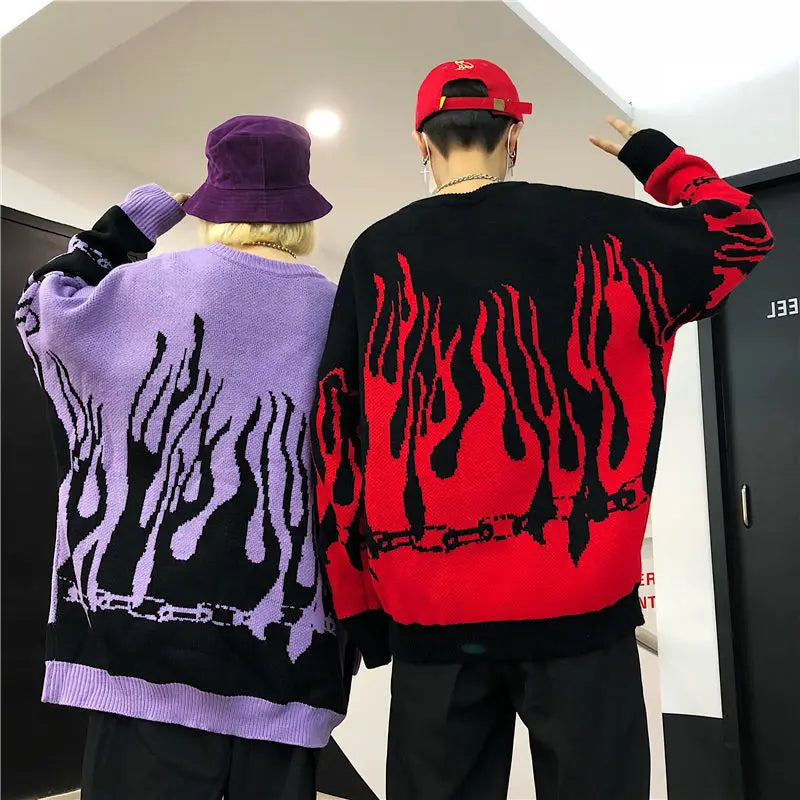 Purple Vintage Hip Hop Flame Oversized Sweaters Women Harajuku Teens Girls Loose Casual Long Sleeve Warm Winter Tops Large 2XL