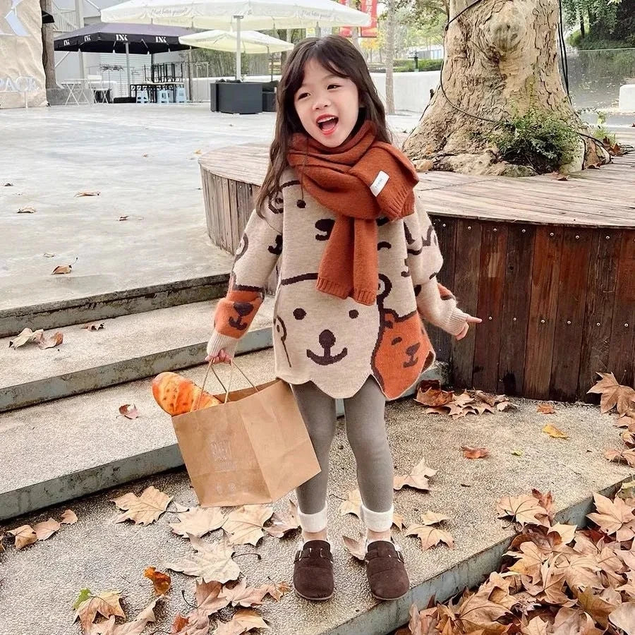 Autumn Kids Knitted Print Panda Sweater For Girls Irregular O Neck Christmas Sweater Toddler Baby Pullover Sweaters Coat 6 8 12