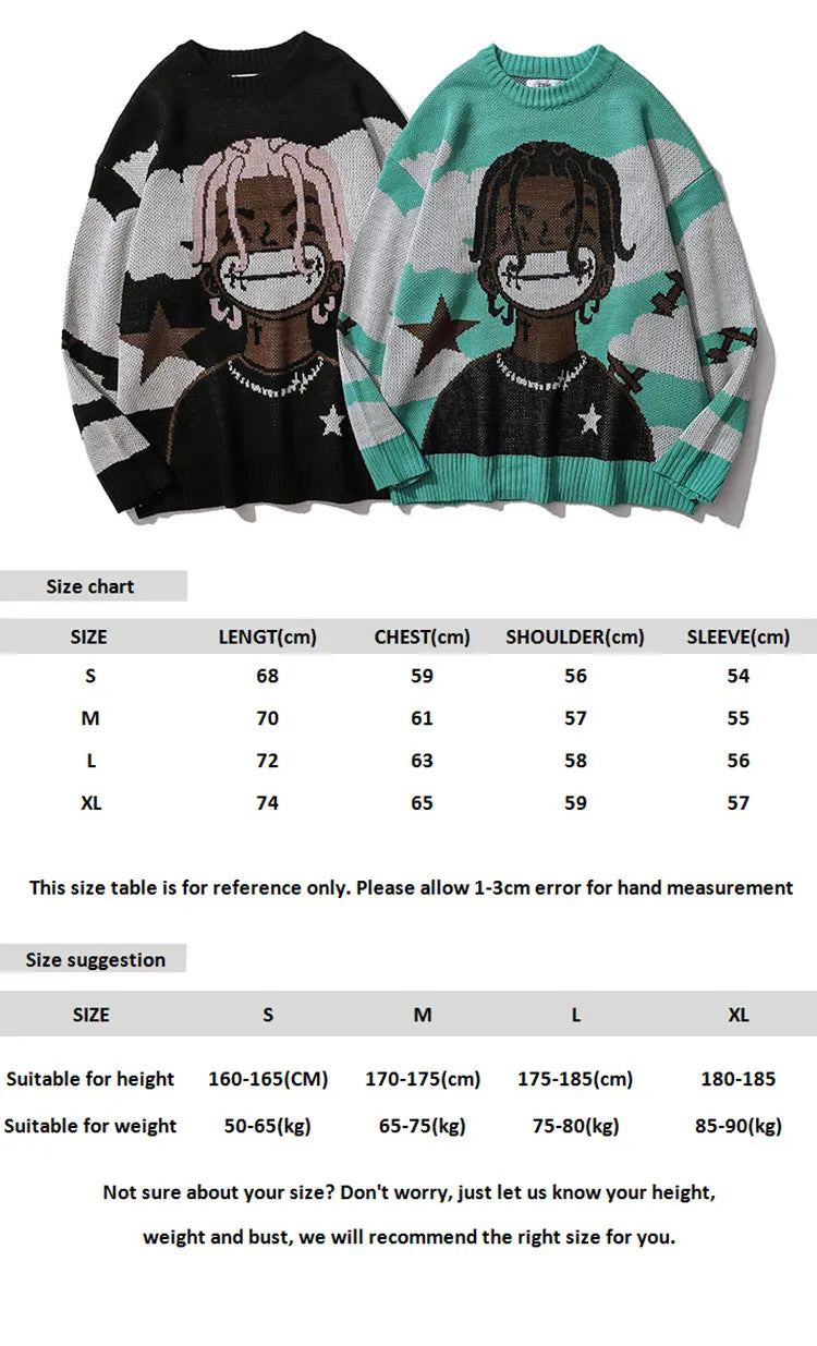 Harajuku vintage cartoon anime knitted sweater men winter oversized men's rock hip hop rap pullover women jumper ugly sweater