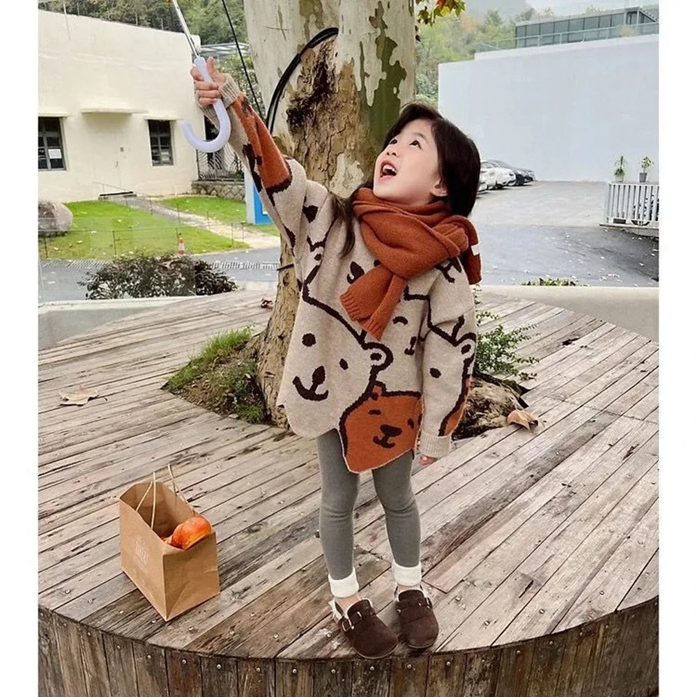 Autumn Kids Knitted Print Panda Sweater For Girls Irregular O Neck Christmas Sweater Toddler Baby Pullover Sweaters Coat 6 8 12