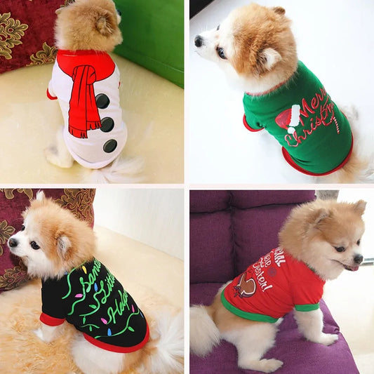 A festive Christmas dog outfit made from soft cotton, featuring a charming holiday design and Velcro closures for easy wear, perfect for keeping pets warm and stylish during the holiday season.