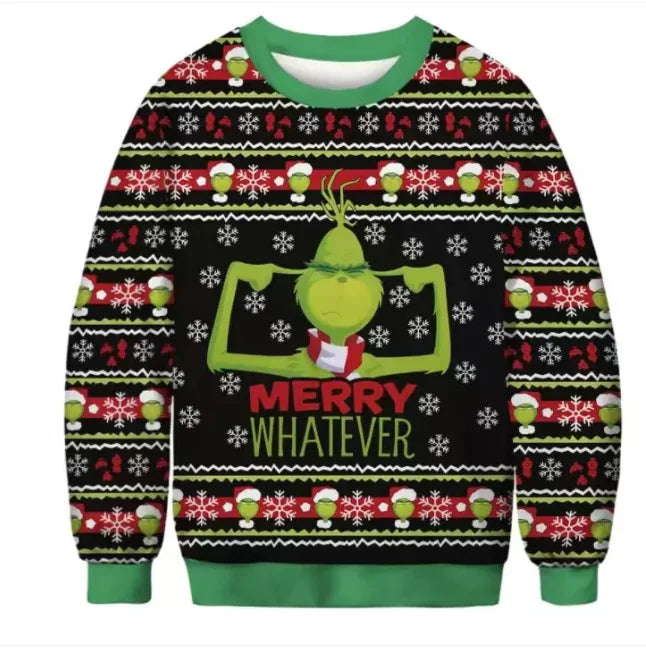 A cozy Grinch Christmas sweater featuring the iconic Grinch character with a mischievous grin, designed in vibrant holiday colors for a fun and festive look.