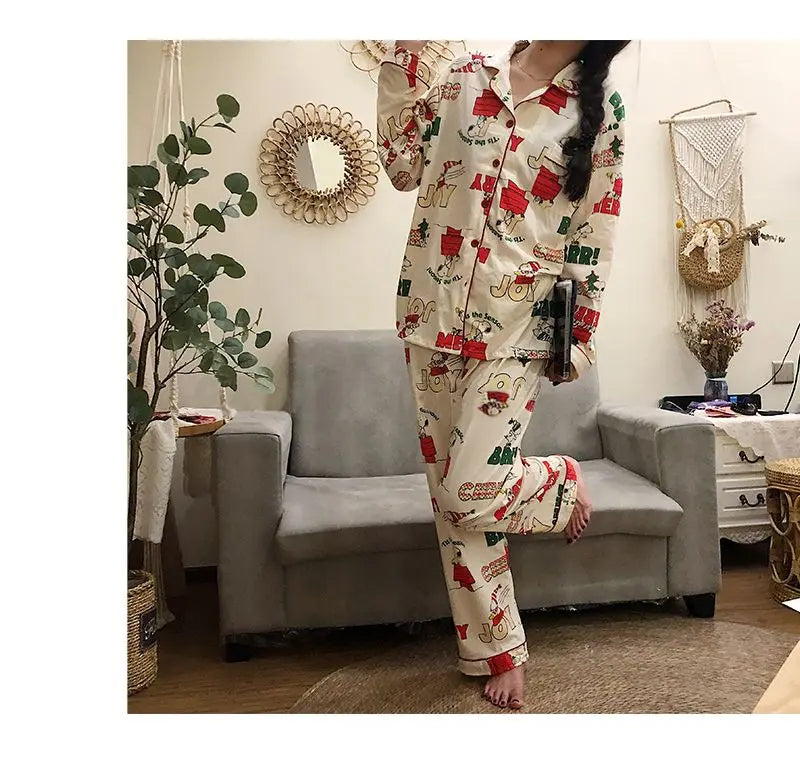 Ins Christmas Tree Snoopy Pajamas Cartoon Soft Female Cardigan Couple Long Sleeved Trousers Anime Home Service Suit Girls Gifts