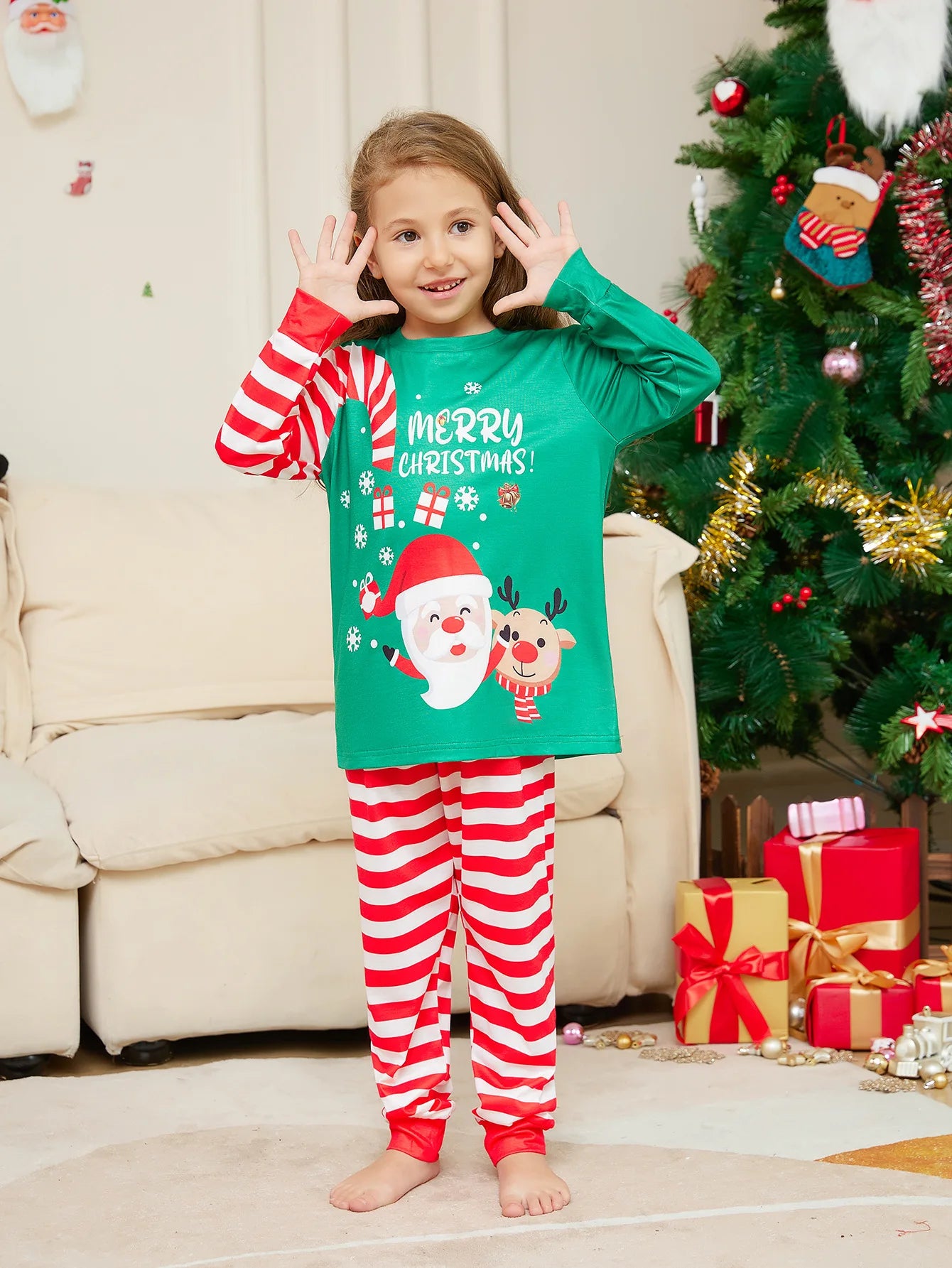 Christmas Family Matching Pajamas Set, Green Santa Claus Print for Adults, Kids & Baby