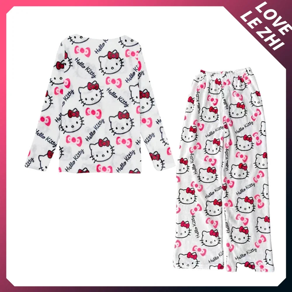 2PCS Sanrioed Hello Kittys Kawaii Loungewear Set Loose Flannel Ladies Pajama Pants Girl Autumn Women Casual Cute Home Clothing