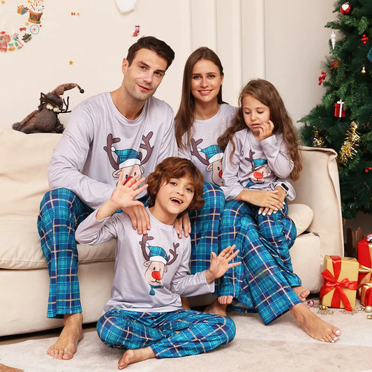 Xmas Pajamas Outfits Family Matching 2024 New Year Elk Plaid Printed 2PCS Pyjamas Pants Print Adult Kids Baby Christmas Clothing