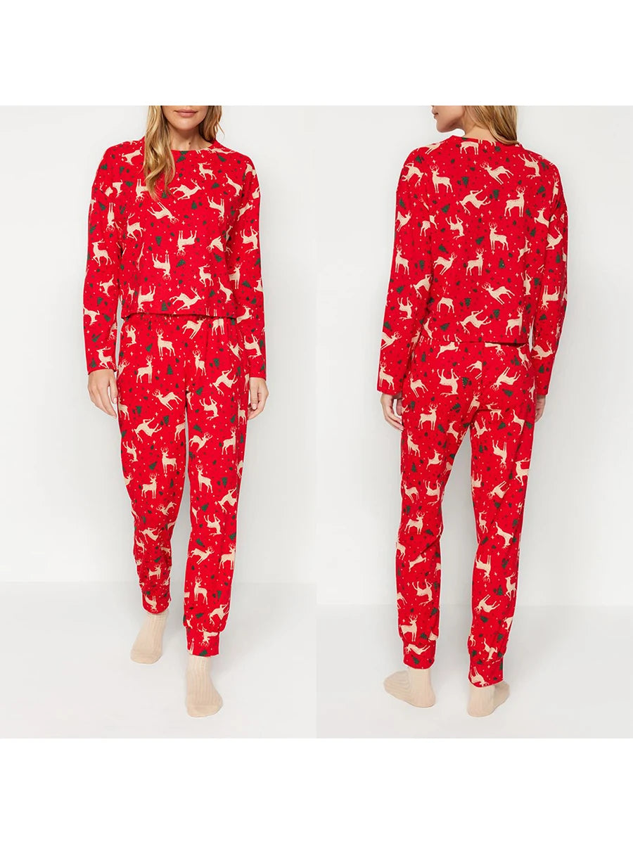 Women Christmas Pajamas Set Candy Cane/Elk Print Long Sleeves Shirt and Elastic Pants Loungewear Soft Sleepwear