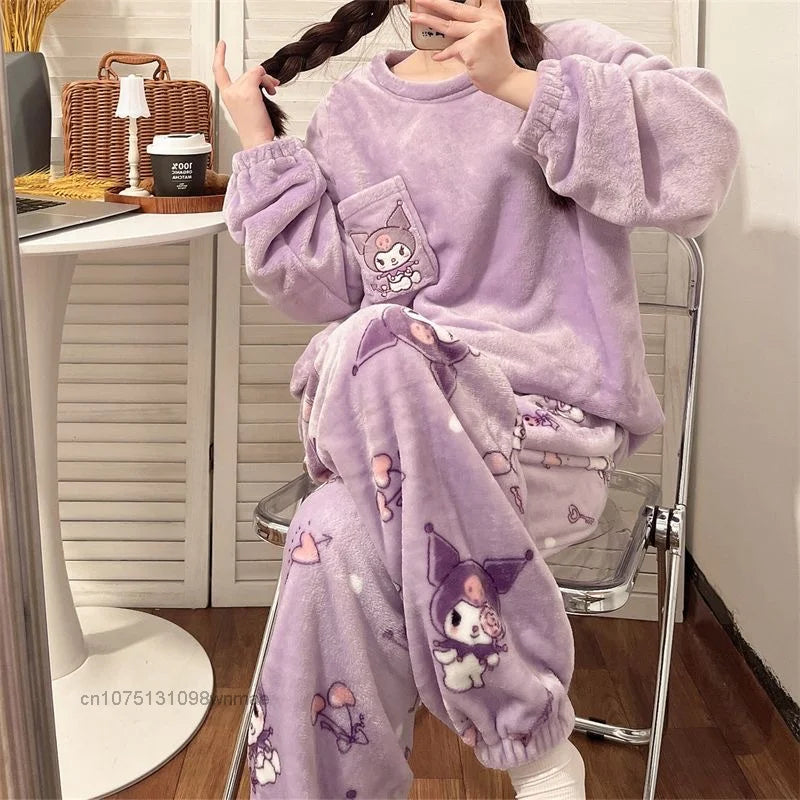 Cinnamoroll & Kuromi Hello Kitty Fuzzy Plush 2 Pcs Pajamas for Women Autumn Winter New Warm Cozy Sleepwear Home Casual Clothes