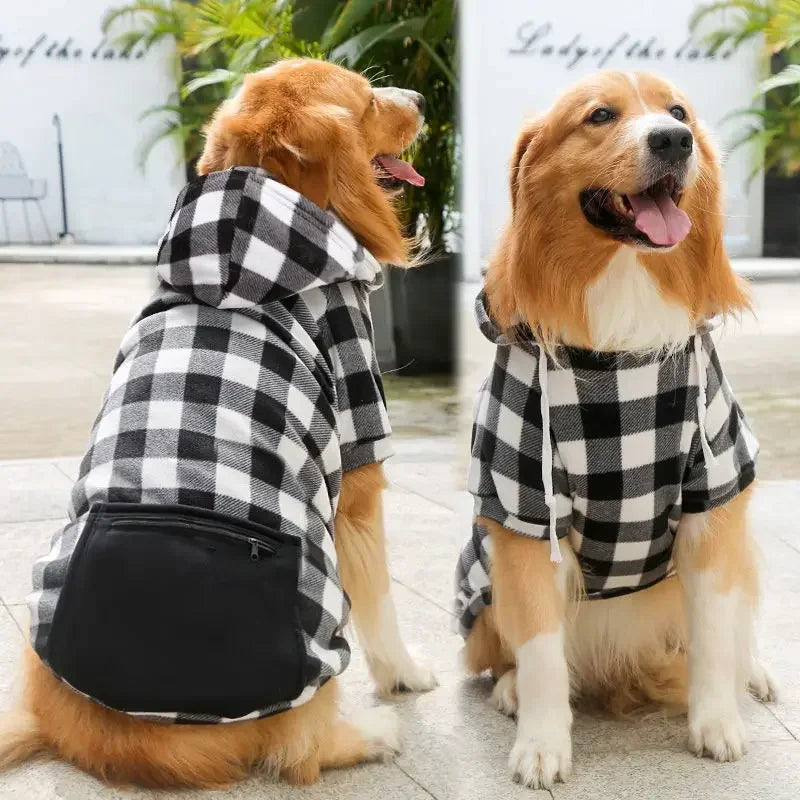 Plaid Big Dog Hoodie Sweatshirt Warm Fleece Pet Clothes Sweaters with Hat and Pocket Sport Dog Clothing Large Dog Coat & Jacket