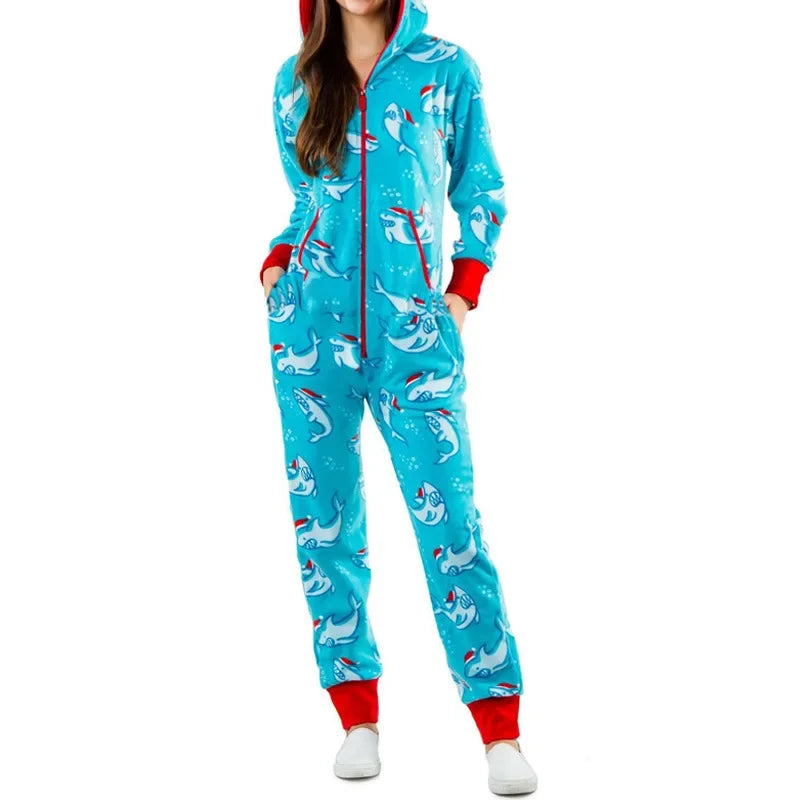 Christmas Printed Hooded Jumpsuit for Women 2023 Autumn Winter Couples New Striped Elk Zipper Pocket Pajamas Sleepwear